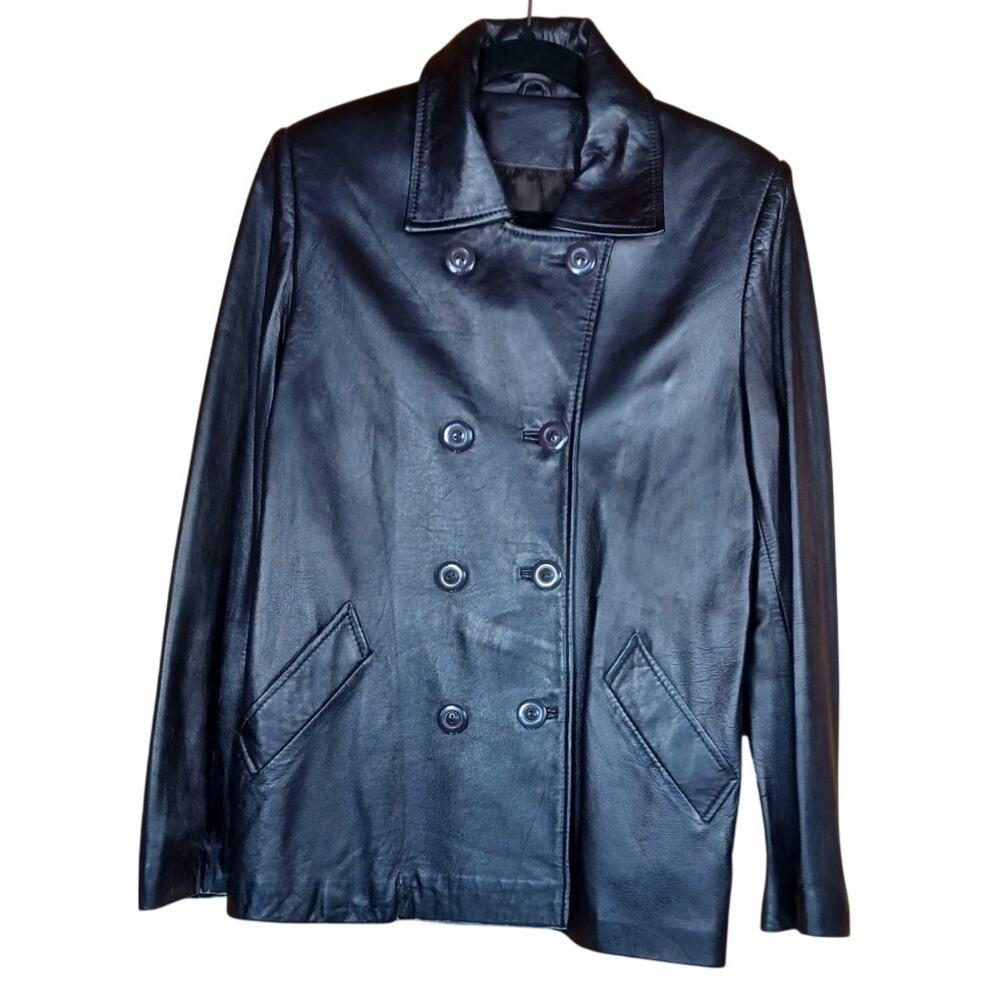 Vintage 90s Black Double Breasted Leather Jacket Short Trench Style Blazer Style